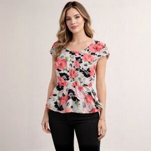 Sunny Leigh Floral Peplum Blouse Top Pink Black White Size Large L